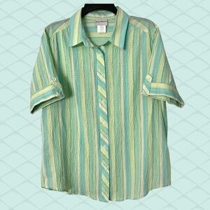 Green Blue Spring Button-Up Blouse Sz Medium  Seersucker Top Button Tab BonWorth